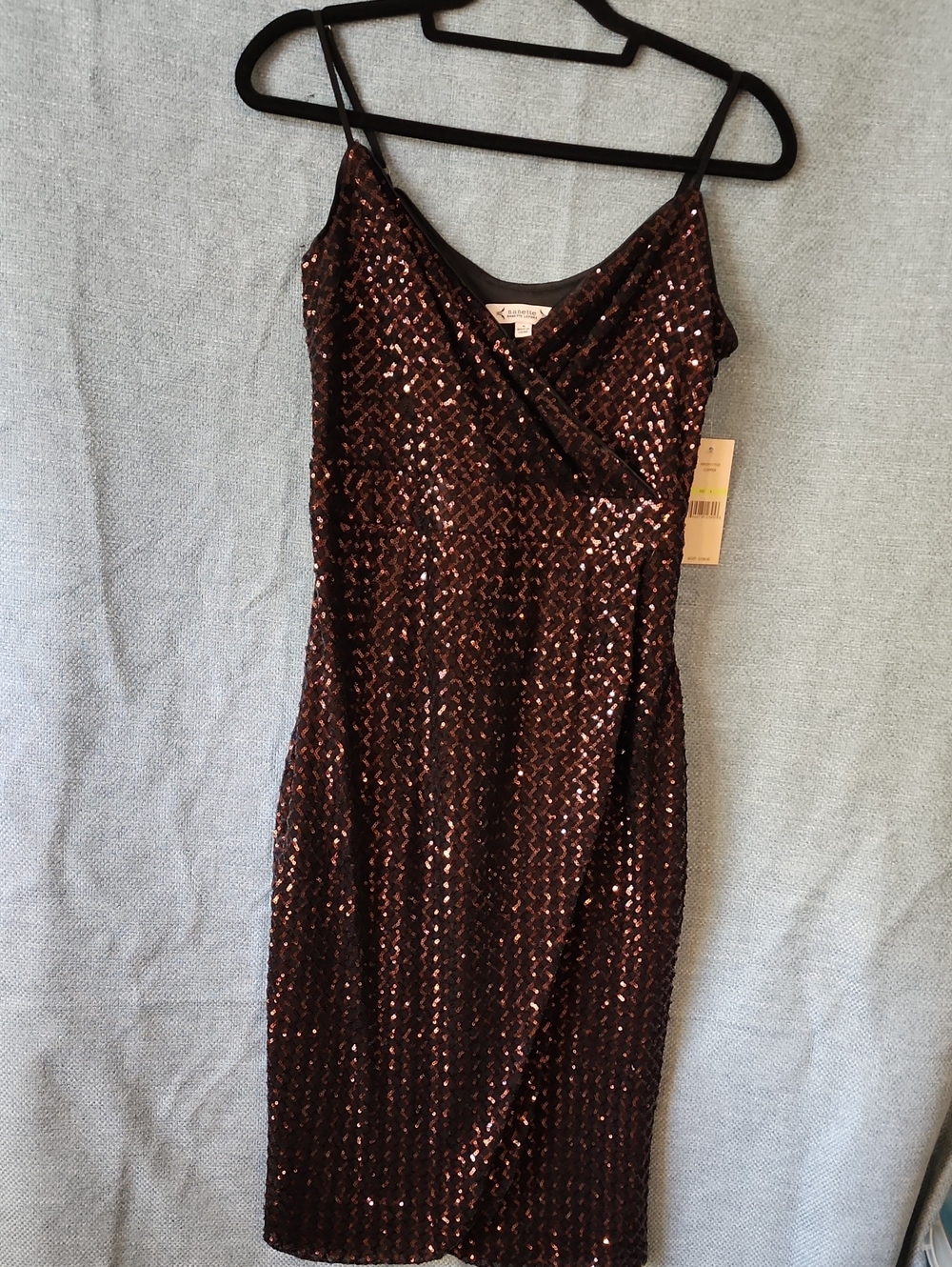 Nanette Lepore Black With Copper Sequin Faux Wrap Dress. Size 4. NWT